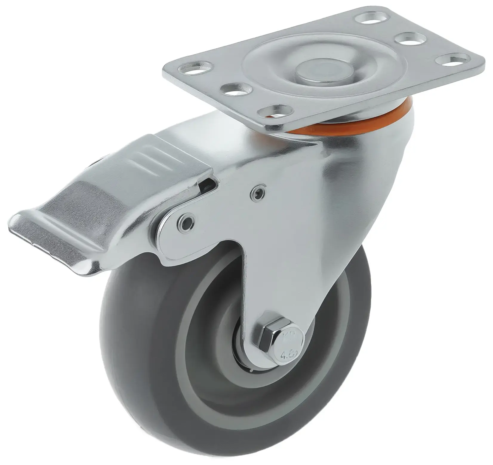 Аппаратное колесо из термопласт.резина 100 мм (поворотная площадка, тормоз, серое, полипропиленовый обод, дв. шарикоподшипник) - 340100Sb