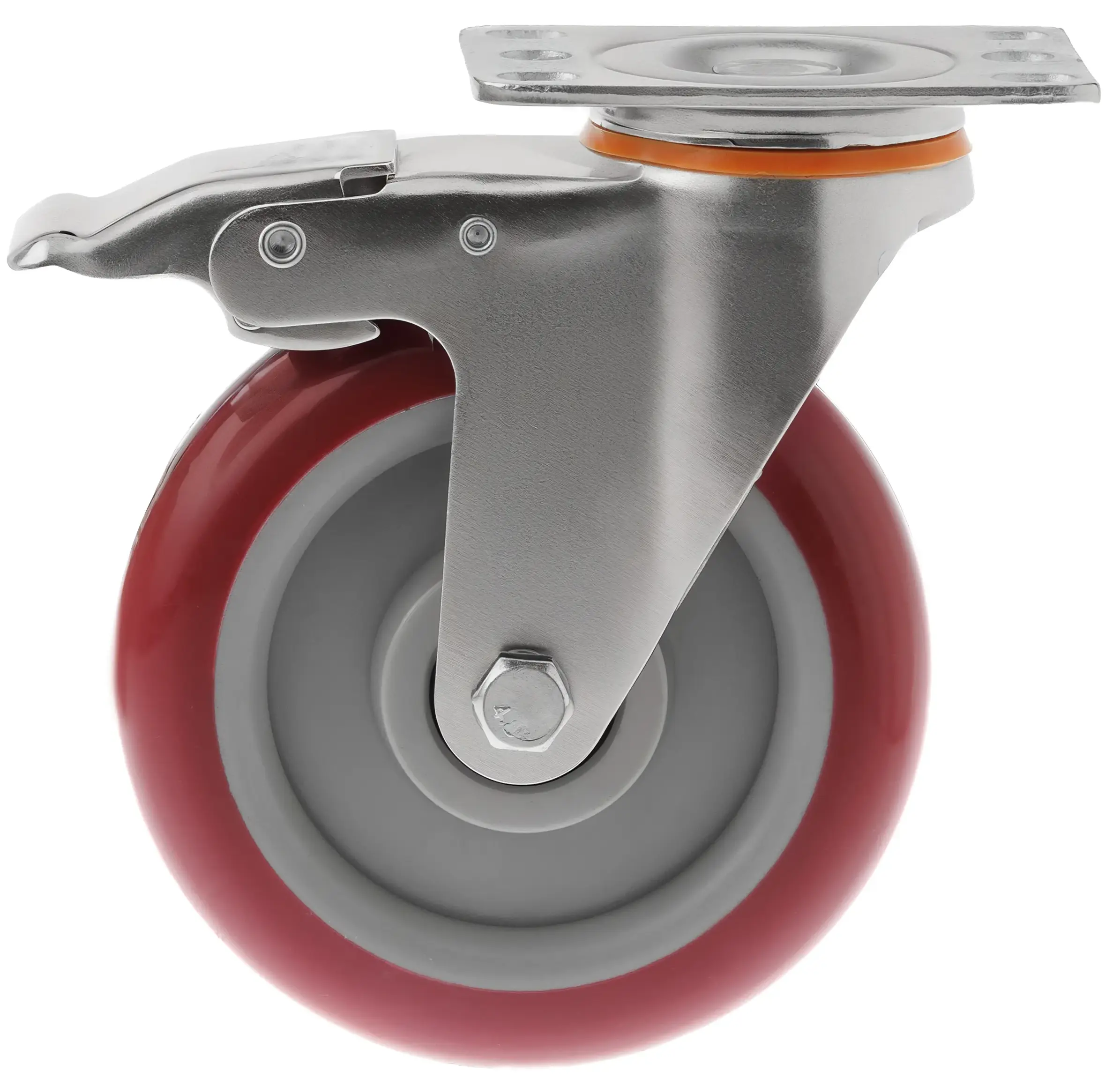 Полиуретановое аппаратное колесо 125 мм (поворотная площадка, тормоз, полипропиленовый обод, двойной шарикоподшипник) - 310125Sb
