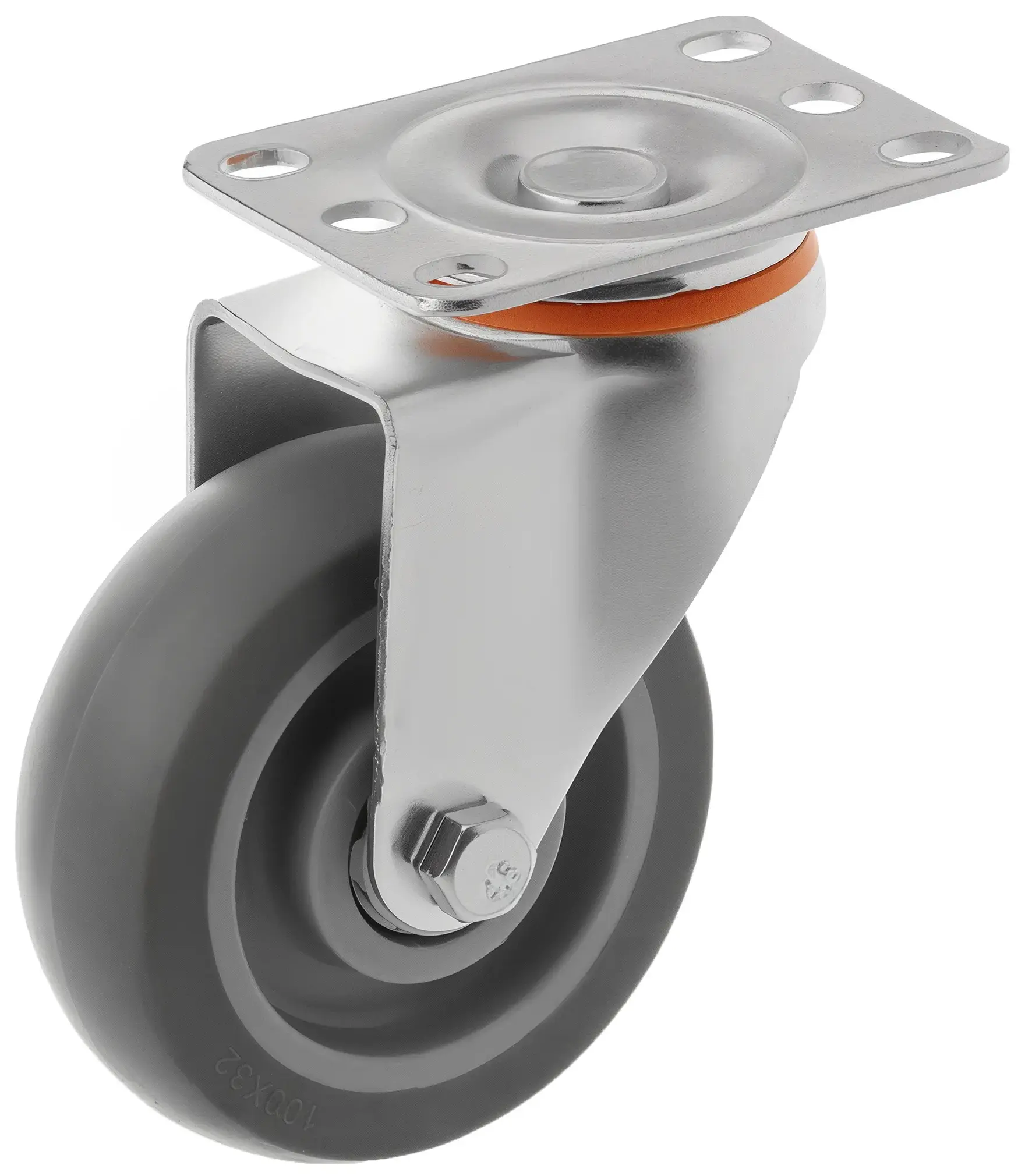 Аппаратное колесо из термопласт. резины 100 мм (поворотная площадка, серое, полипропиленовый обод, дв. шарикоподшипник) - 340100S